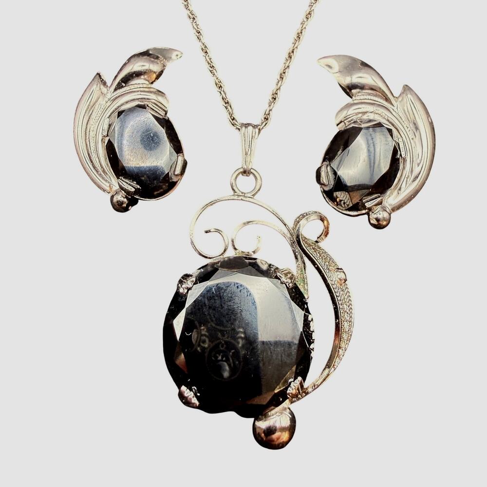 Vintage Sorrento Sterling Silver Hematite Necklace Earring Set Screw Back